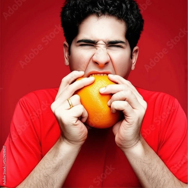 Fototapeta Man biting a big orange fruit on a red background