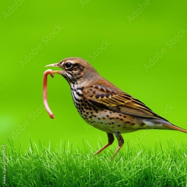 Fototapeta Bird With a Worm on the Grass