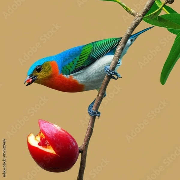 Fototapeta Colorful bird eating a fruit on a branch