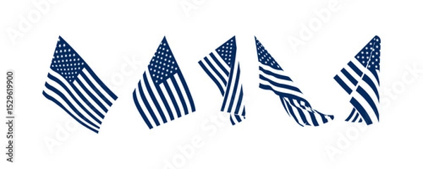 Obraz Monochrome USA flags on poles in different angles and wind positions. American flag silhouettes in waving motion. Vector set isolated on white for patriotic poster and banner design