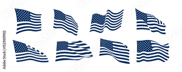 Obraz Monochrome waving USA flags in different shapes and wind directions. American flag icons in blue silhouette style. Vector set isolated on white for patriotic design and banner