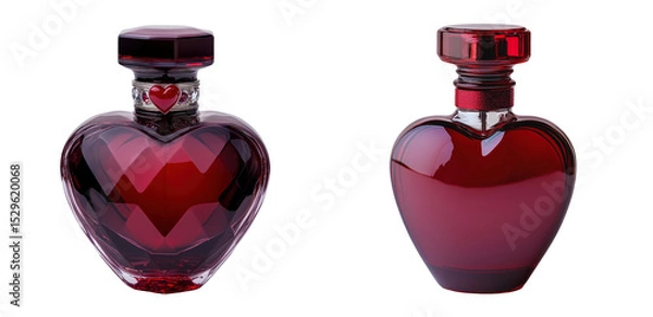 Obraz Two elegant perfume bottles of heart-shaped are presented, filled with a rich red liquid. One bottle has a clear, textured surface, while the other appears smooth