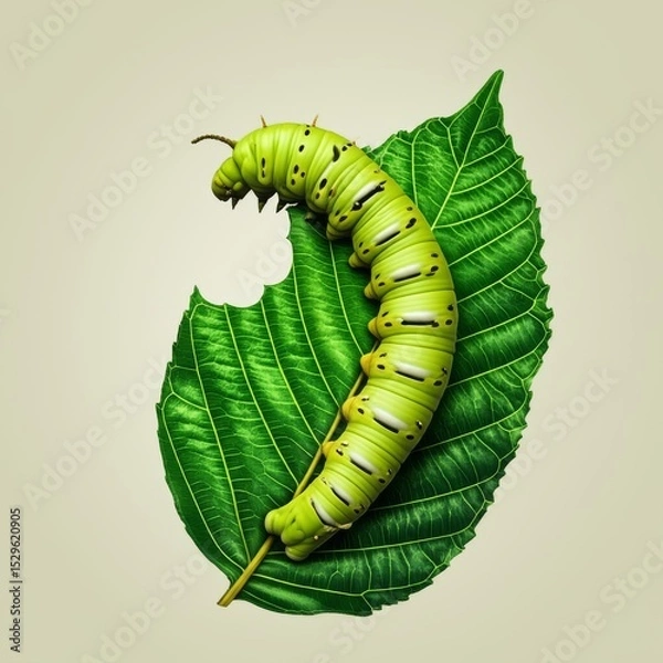 Fototapeta Green caterpillar munching on a leaf in studio shot
