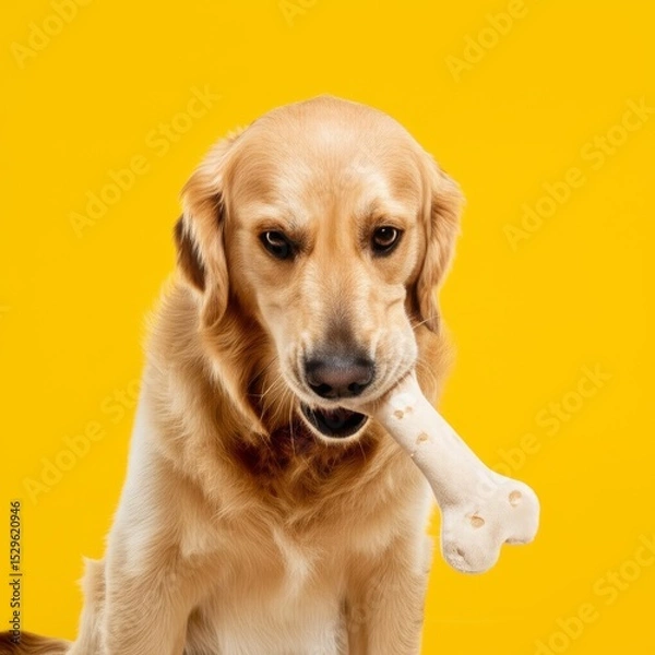 Fototapeta Golden Retriever With Dog Bone Toy on Yellow Background