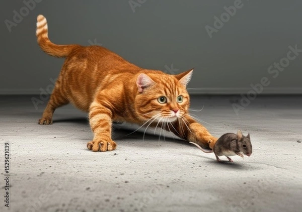 Fototapeta Ginger cat with a small grey mouse on a grey background