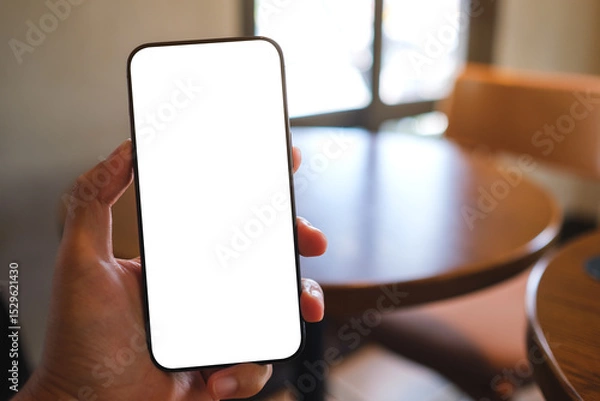 Fototapeta Mockup image of a man holding mobile phone with blank white screen in cafe