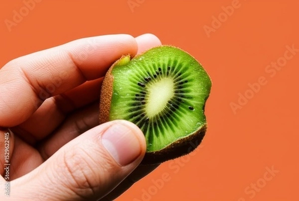 Fototapeta A half kiwi fruit held by a human hand
