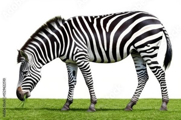Fototapeta Zebra Grazing on Green Grass in a Plain White Background