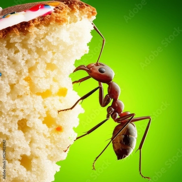 Fototapeta Ant climbing on cake slice against a vibrant green backdrop