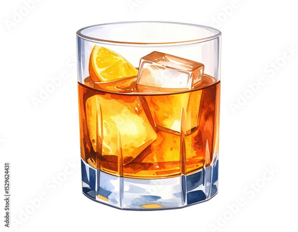 Fototapeta Watercolor illustration of whiskey drink with ice cubes. Whiskey drink illustration in hand-drawn watercolor