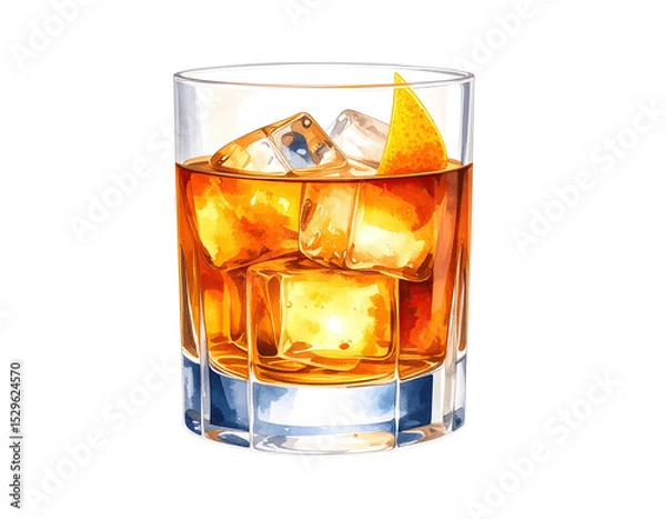 Fototapeta Watercolor illustration of whiskey drink with ice cubes. Whiskey drink illustration in hand-drawn watercolor