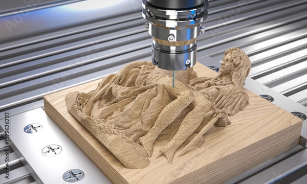 Fototapeta Modern cnc machine carving intricate details of a wooden statue 3d