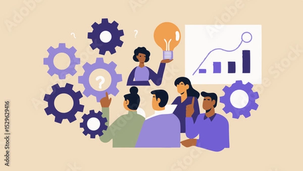 Fototapeta Diverse team brainstorming solutions generating ideas and analyzing data for business growth and problem solving vector illustration