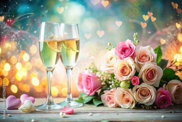 Fototapeta Double exposure captures romantic surrealism: champagne flutes, roses, and hearts intertwine.