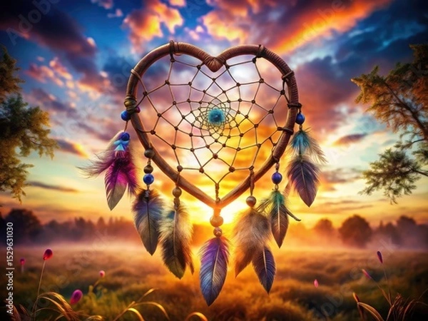 Fototapeta Double exposure dreamcatcher art: a mystical heart beats with surreal dreams, a captivating fantasy image.