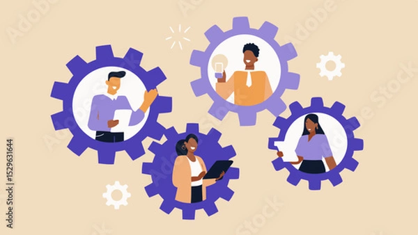 Fototapeta Teamwork and Collaboration Diverse Professionals Working Together in Interlocking Gears to Achieve Success and Innovation in a Business Environment