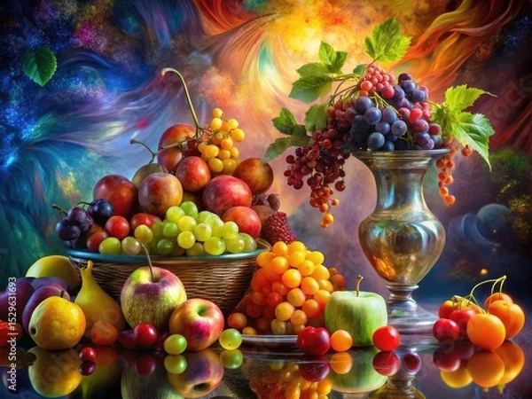Fototapeta Double exposure fuses colorful fruit and decorative vases, creating a dreamy, surreal still life photograph.
