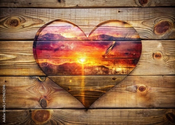 Fototapeta Double exposure heart, a stunning photographic symbol of love, elegantly displayed on a Valentine's Day wooden board.