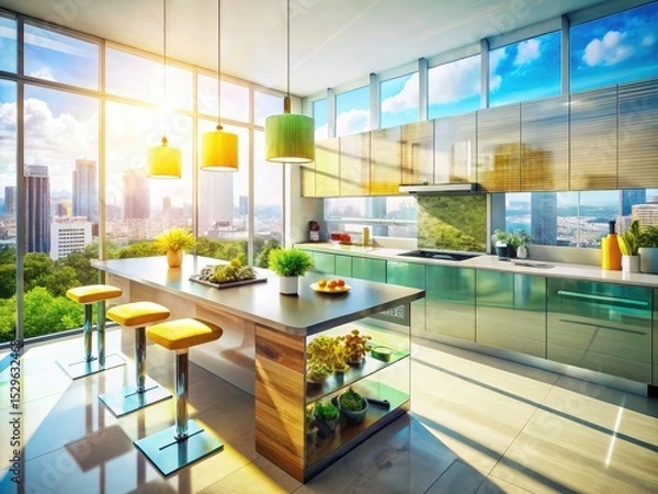Fototapeta Double exposure illuminates a stylish kitchen bar, its countertop design highlighted from above.