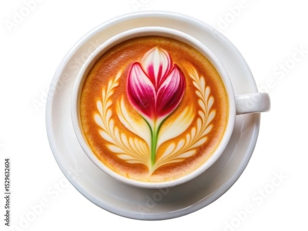 Fototapeta Double exposure magic: a tulip's silhouette graces a creamy latte, isolated on white, viewed from above.