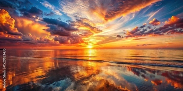 Fototapeta Double exposure magic captures a vibrant orange sunset mirroring the ocean's surreal depths.