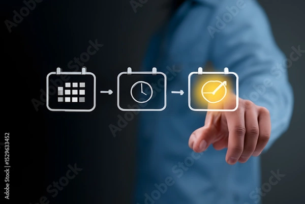 Fototapeta Professional Scheduling Process – Calendar to Clock to Completed Task with Digital Workflow
