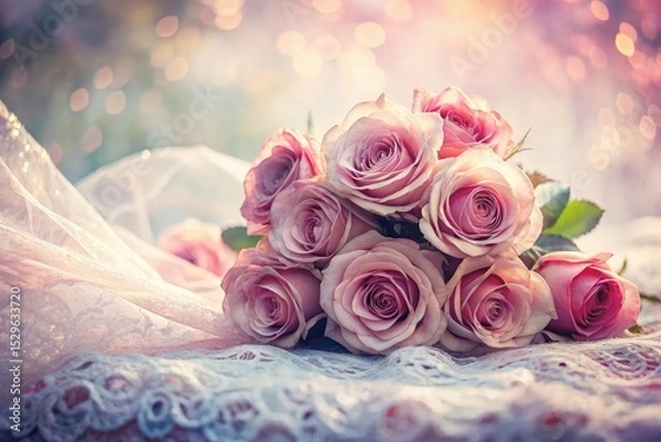 Fototapeta Double exposure magic: Delicate lace intertwines with vibrant pink and chocolate roses.