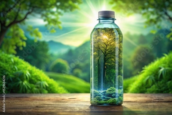 Fototapeta Double exposure merges insulated bottle with vibrant green screen, creating surreal 2D art.