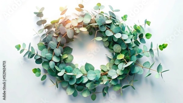 Fototapeta Double exposure photo: eucalyptus wreath branches, lay-flat on white. Spring, autumn, winter decor.