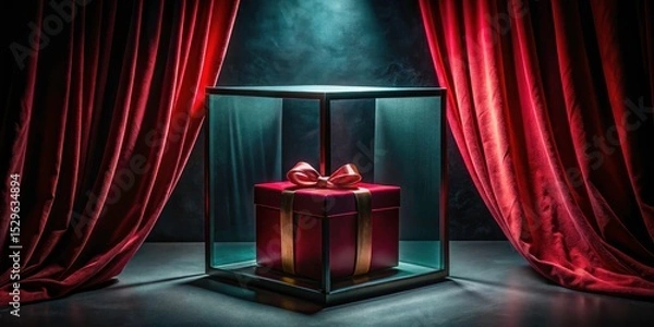 Fototapeta Double exposure photography: a red gift box mysteriously floats on a dark podium, shrouded in dramatic curtains.
