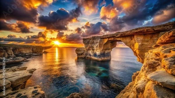 Fototapeta Double exposure photography captures Gozo's Wied il-Mielah arch, a breathtaking Maltese landscape.