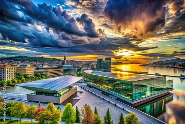 Fototapeta Double exposure photography captures Oslo's skyline intertwined with the iconic Munch Museum.