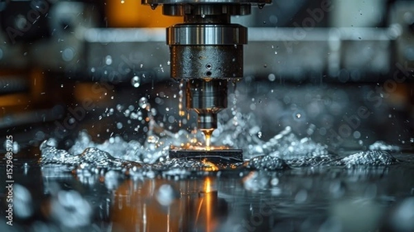 Fototapeta This dynamic image captures a precision machining process, showcasing the intricate details of machining metal while water splashes create visual excitement and motion.