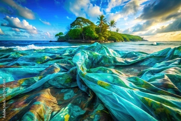 Fototapeta Double exposure photography merges turquoise camouflage and nature, resulting in an abstract, captivating background.