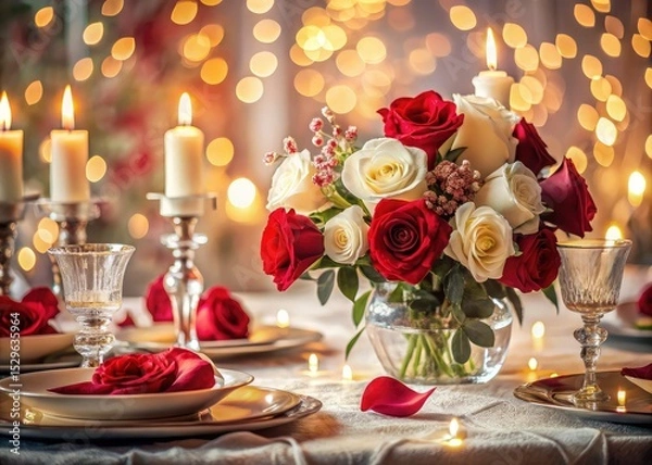 Fototapeta Double exposure photography:  Red and white roses elegantly adorn a celebratory table setting.