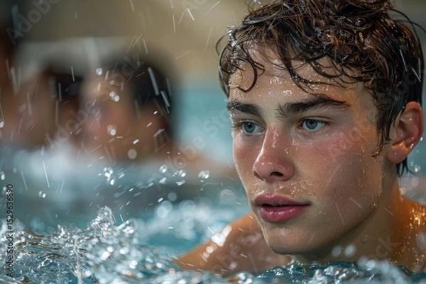 Fototapeta A close-up shot of a young swimmer's focused expression while swimming, capturing the beauty of water droplets glistening in the sunlight around him in a pool environment.