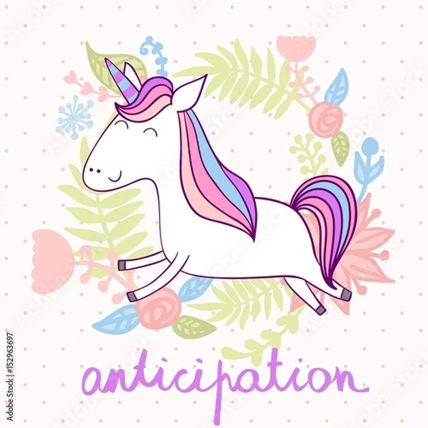Fototapeta Magic cute unicorn with flowers. Vector greeting card.