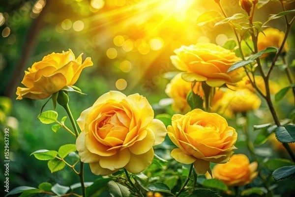 Fototapeta Double exposure: radiant yellow roses and a thriving garden burst with color.