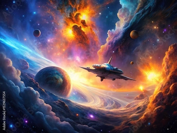 Fototapeta Double exposure reveals a breathtaking nebula, showcasing swirling galaxies and celestial bodies.