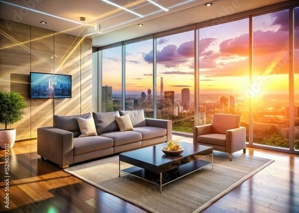 Fototapeta Double exposure reveals a futuristic living room's smart home integration, blending interior design with technological advancements.