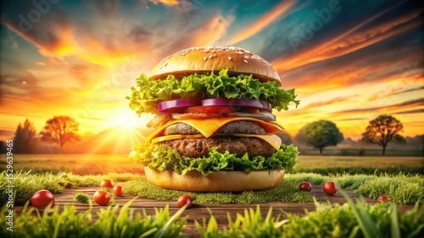 Fototapeta Double exposure reveals a rotating cheeseburger's juicy perfection; a delectable photographic feast.
