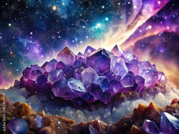 Fototapeta Double exposure reveals a stunning cosmic lilac fluorite geode and its quartz crystal cluster.