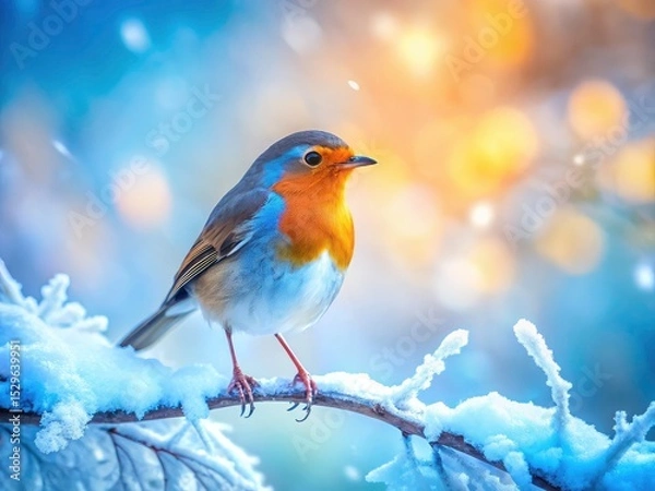 Fototapeta Double exposure reveals a winter robin, its silhouette a stark contrast against the icy, snowy branch.