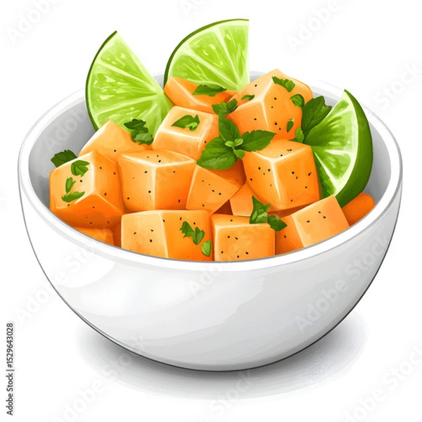 Obraz Delicious sweet potato salad with cheese, lime and fresh herbs, in a deep plate on a white background
