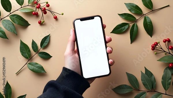 Fototapeta Hand Holding Smartphone Mockup with Blank Screen on Brown Background - Free Download & Design Ideas