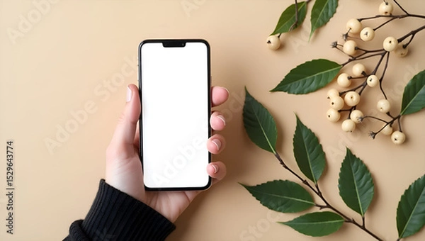Fototapeta Hand Holding Smartphone Mockup with Blank Screen on Brown Background - Free Download & Design Ideas