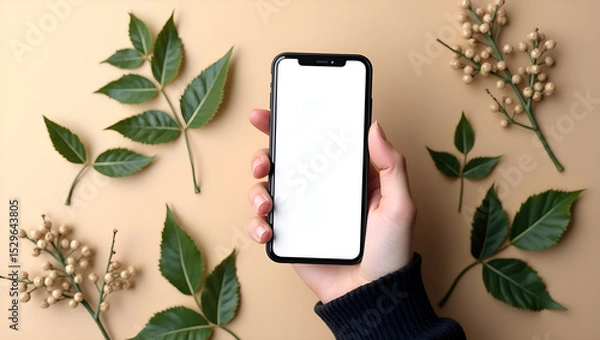 Fototapeta Hand Holding Smartphone Mockup with Blank Screen on Brown Background - Free Download & Design Ideas