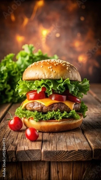 Fototapeta Sizzling burger sitting on a rustic wooden table surrounded by fresh lettuce leaves and juicy tomatoes