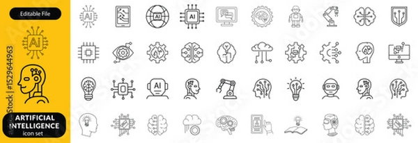 Fototapeta Set of Artificial Intelligence icon. Service, Digital, Robot, Data, Information, Learning, Future, Artificial Intelligence, Support, Help, Chat Bot, Conversation, Smart, Concept, Innovation vector.