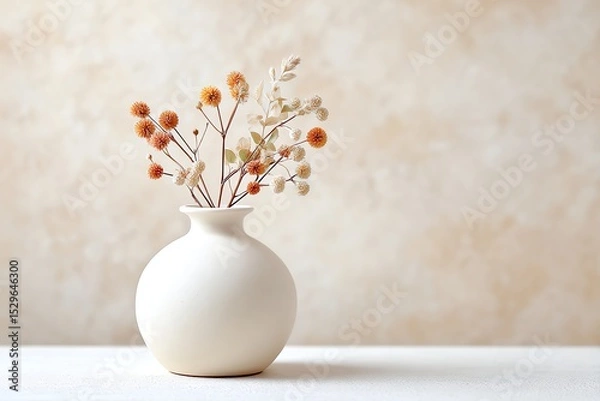 Fototapeta minimalist ceramic vase with dried flowers, neutral tones, white table and background, calm composition